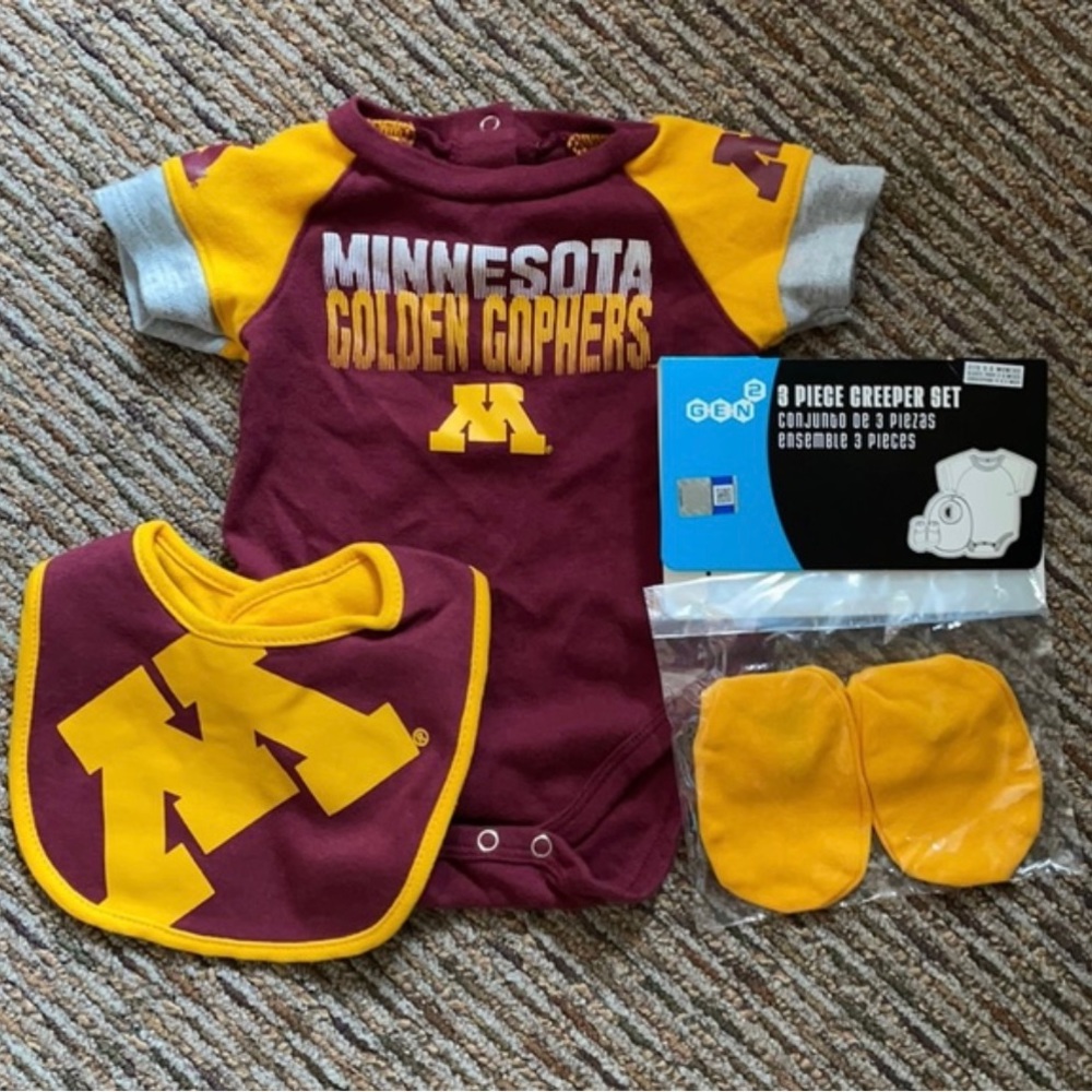 NWT in the original package Minnesota Gophers set, bodysuit, bib and booties